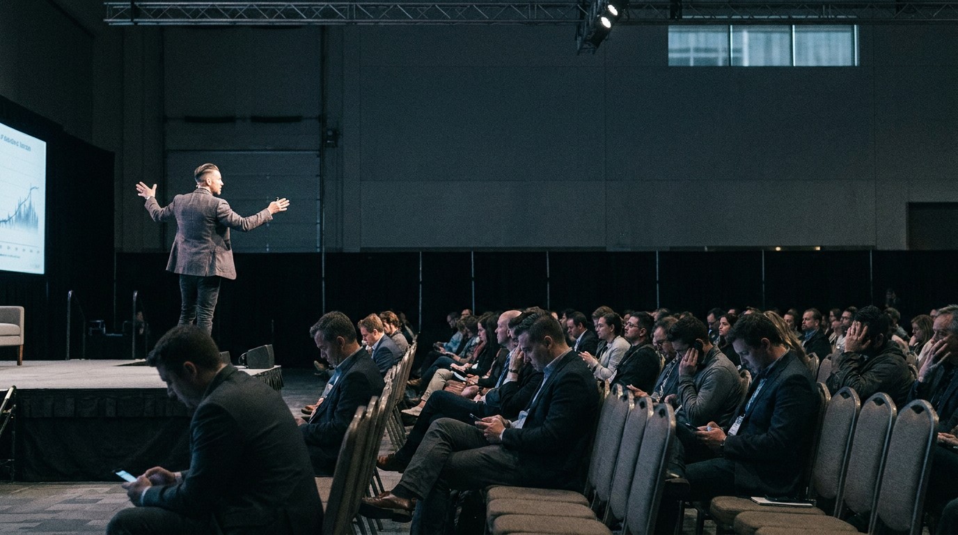 A bored conference audience looking down at their phones