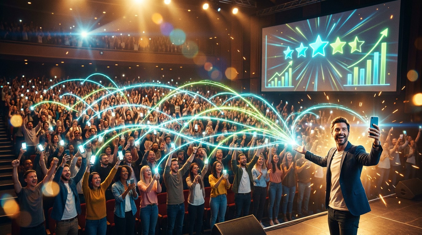 An energized crowd holding phones up with glowing connection arcs between them